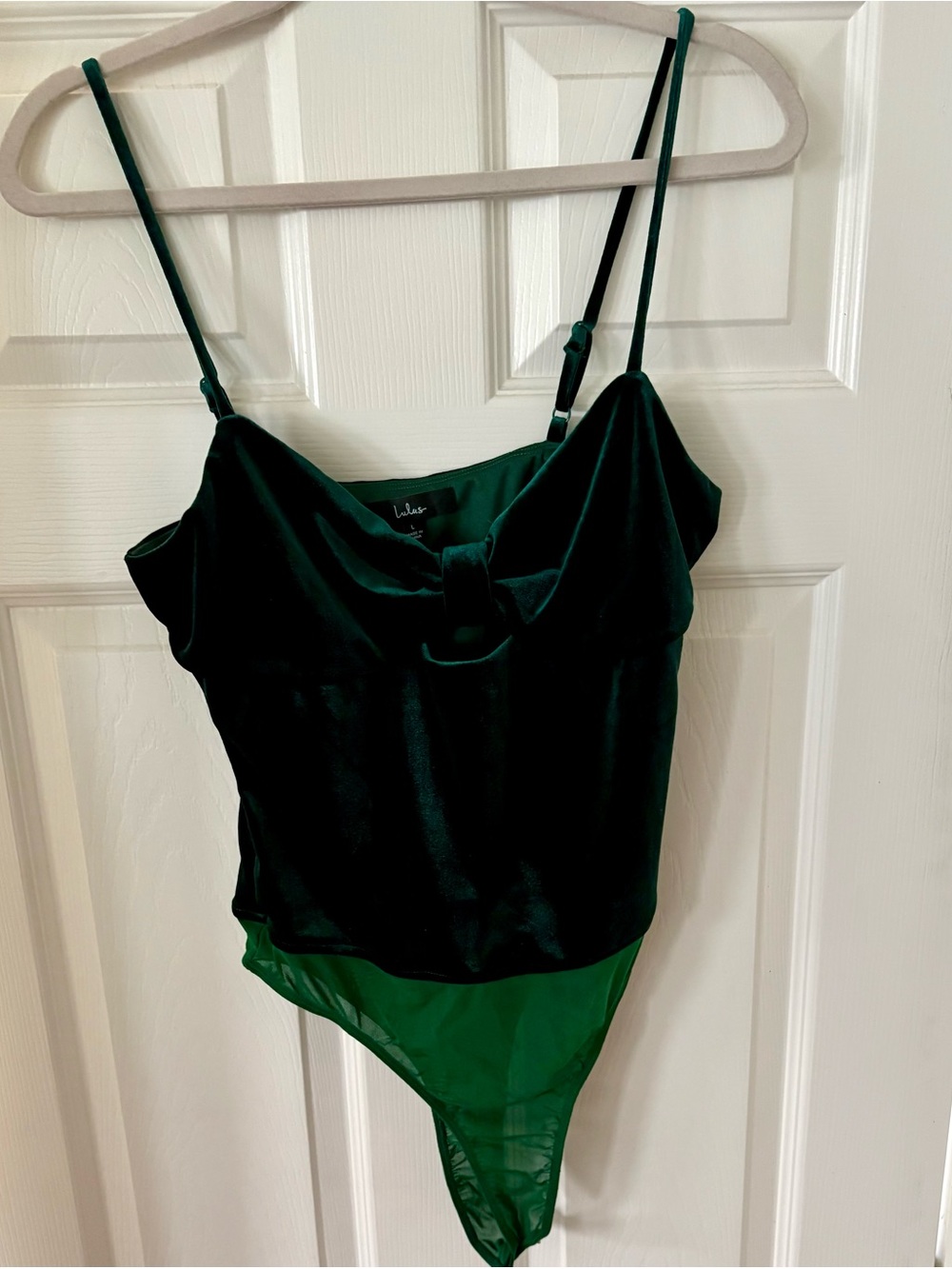 Lulu's Deep Green Velvet Bodysuit with Mesh Base
